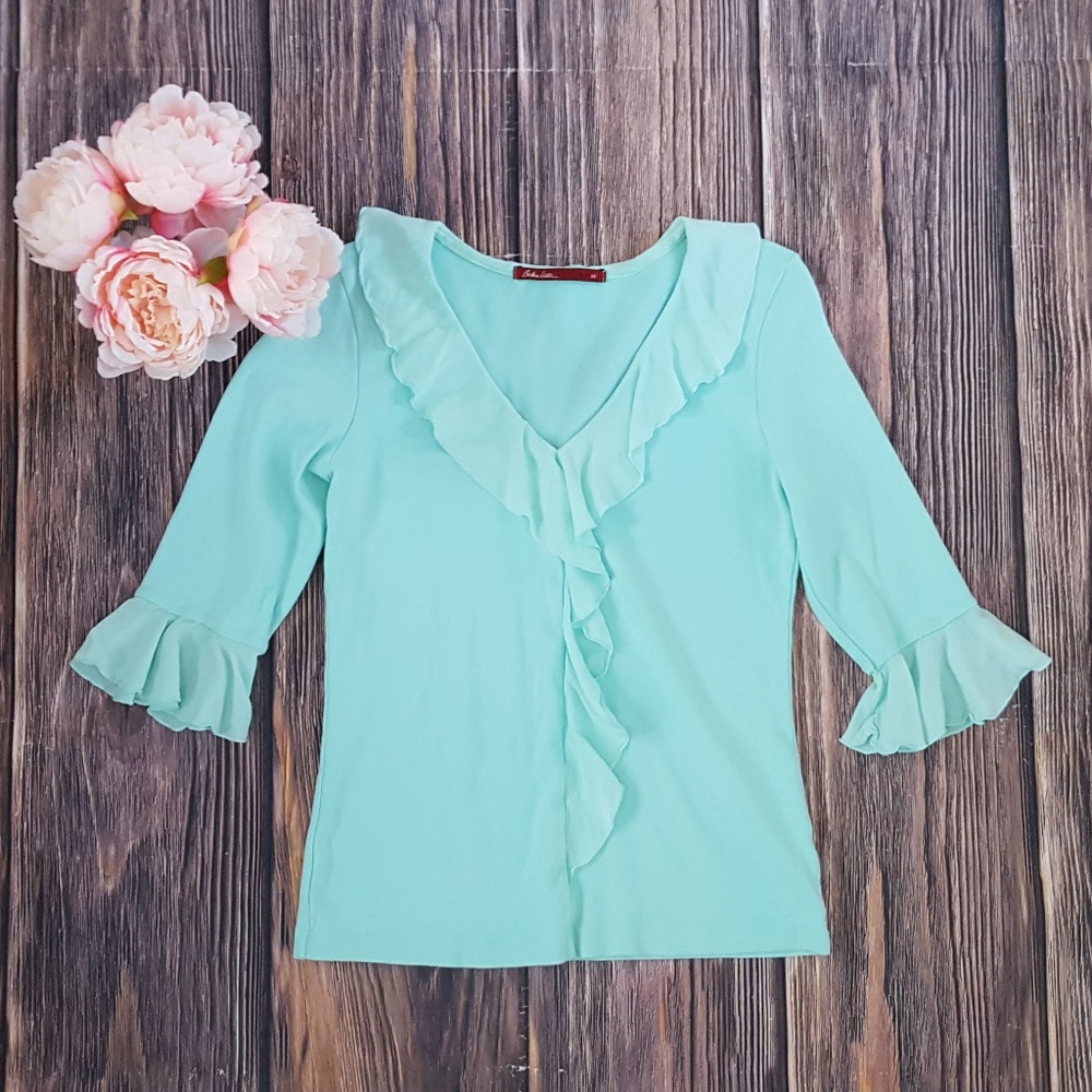 Barbara Lesser, Ruffle Trim V-Neck Top, Green, M - Picture 2 of 7